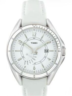 Timex Silver-Tone Case White Dial White Leather Strap Watch